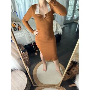 Acoa Mona Ruched Knit Brown MIDI Dress Size XS NWT